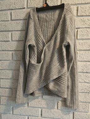 Cozy Grey Ribbed Wrap Sweater for Women